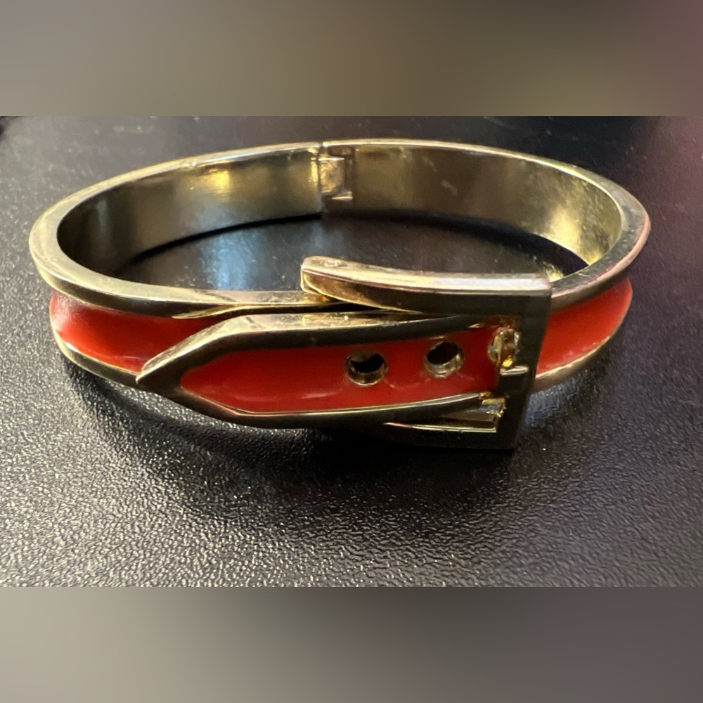 80's Burnt Orange Gold Tone Belt Buckle Enamel Vintage Cuff Hinge Bracelet VGC